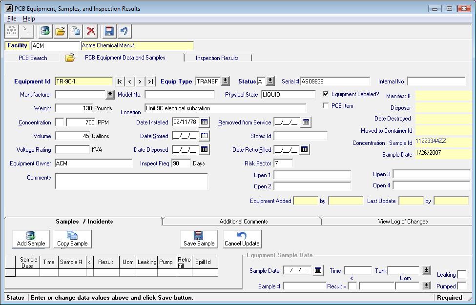 Edit Equipment Data and Samples